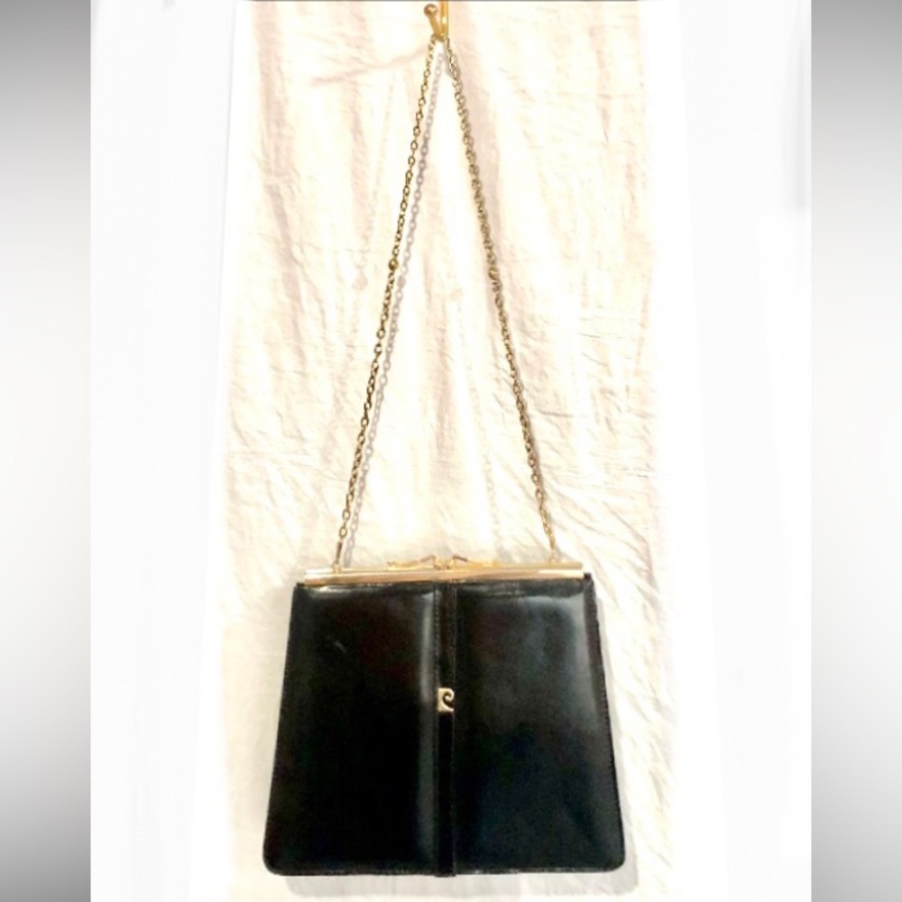 PIERE CARDIN black leather kiss lock chain clutch/purse size 9x7 great condition - Picture 7 of 15